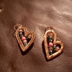 Gold plated heart earrings w aqua,clear,n pink stones n beads inside each heart
